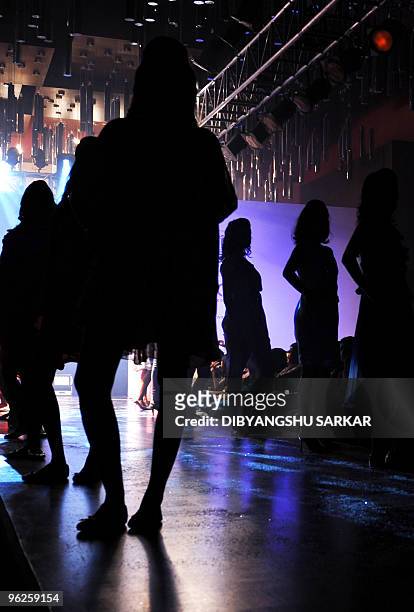 Indian models present the creation of designer Preeti Chandra during the second day of the Bangalore Fashion Week in Bangalore on January 29, 2010....