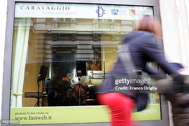 Caravaggio's masterpiece 'Adoration Of The Shepherds' is displayed at the Chamber Of Deputies facing Piazza del Parlamento during the open...