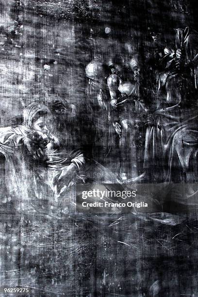 Radiography of Caravaggio's masterpiece 'Adoration Of The Shepherds' is displayed at the Chamber Of Deputies facing Piazza del Parlamento during the...