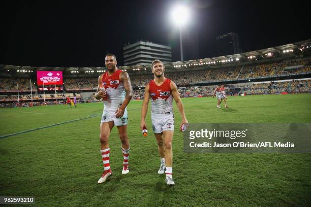 Lance Franklin and Kieren Jack of the swans celebrate victory during the round 10 AFL match between the Brisbane Lions and the Sydney Swans at The...