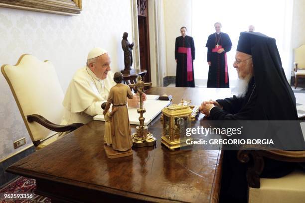 Pope Francis meets Bartholomew I , current Archbishop of Constantinople and Ecumenical Patriarch, during a private audience at the Vatican on May 26,...