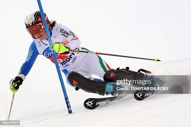 Johanna Schnarf of Italy clears a gate during the slalom event of the Women's super combined at the FIS Alpine Skiing World Cup in Saint Moritz on...