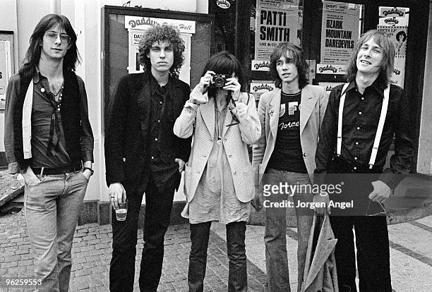 The Patti Smith Group pose for portraits, Lenny Kaye, Richard Sohl, Patti Smith, Ivan Kral and Jay Dee Daugherty, in May 1976 in Copenhagen, Denmark.