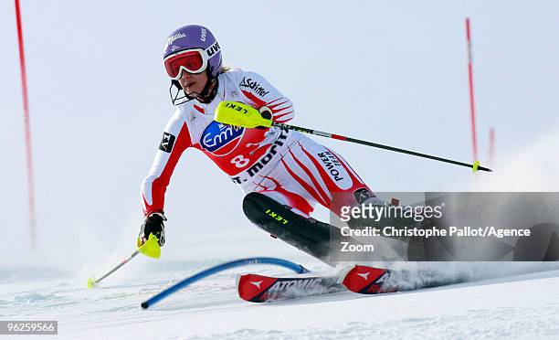 Michaela Kirchgasser of Austria takes 2nd place during the Audi FIS Alpine Ski World Cup Women's Super Combined on January 29, 2010 in St.Moritz,...