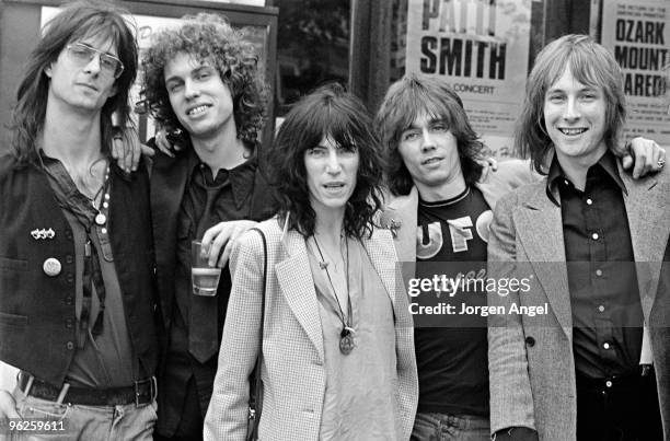 The Patti Smith Group pose for portraits, Lenny Kaye, Richard Sohl, Patti Smith, Ivan Kral and Jay Dee Daugherty, in May 1976 in Copenhagen, Denmark.