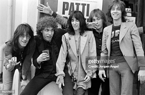 The Patti Smith Group pose for portraits, Lenny Kaye, Richard Sohl, Patti Smith, Jay Dee Daugherty and Ivan Kral, in May 1976 in Copenhagen, Denmark.