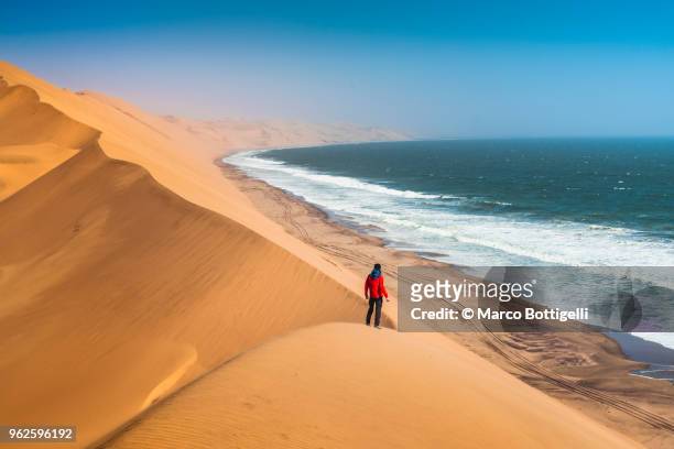 tourist admiring the ocean from the top of a sand dune - walvis bay stock-fotos und bilder