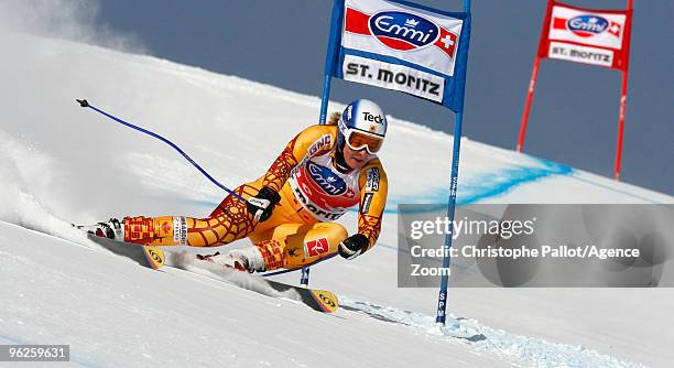 Emily Brydon of Canada takes 20th place during the Audi FIS Alpine Ski World Cup Women's Super Combined on January 29, 2010 in St. Moritz,...