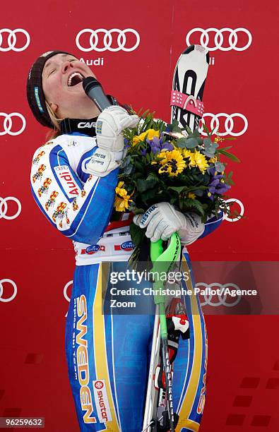 Anja Paerson of Sweden takes 1st place during the Audi FIS Alpine Ski World Cup Women's Super Combined on January 29, 2010 in St. Moritz, Switzerland.