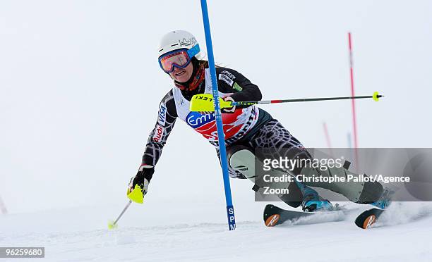 Julia Mancuso of the USA takes 14th place during the Audi FIS Alpine Ski World Cup Women's Super Combined on January 29, 2010 in St.Moritz,...