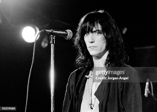 Patti Smith performs on stage in May 1976 in Copenhagen, Denmark.