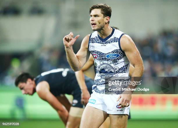 Tom Hawkins of the Cats gets angry at teammate Brandon Parfitt of the Cats during the round 10 AFL match between the Geelong Cats and the Carlton...