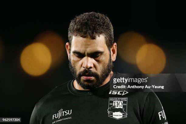 Greg Inglis of the Rabbitohs looks on during warmup prior to the round 12 NRL match between the New Zealand Warriors and the South Sydney Rabbitohs...