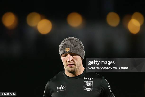 Sam Burgess of the Rabbitohs looks on during warmup prior to the round 12 NRL match between the New Zealand Warriors and the South Sydney Rabbitohs...