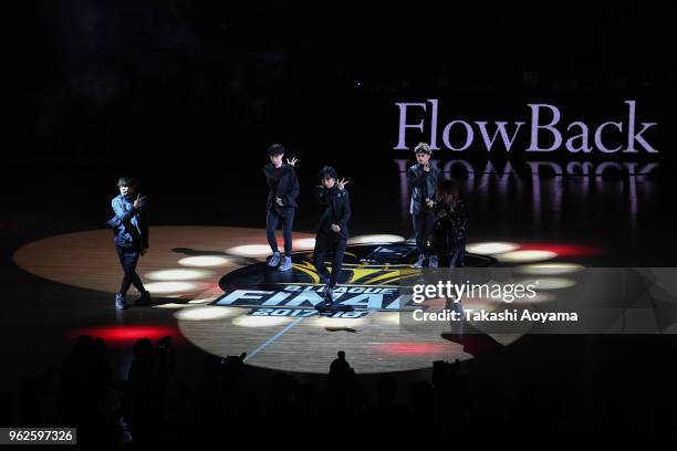 Flowback perform during the halftime show during the B.League Championship Final between Alvark Tokyo and Chiba Jets at Yokohama Arena on May 26,...