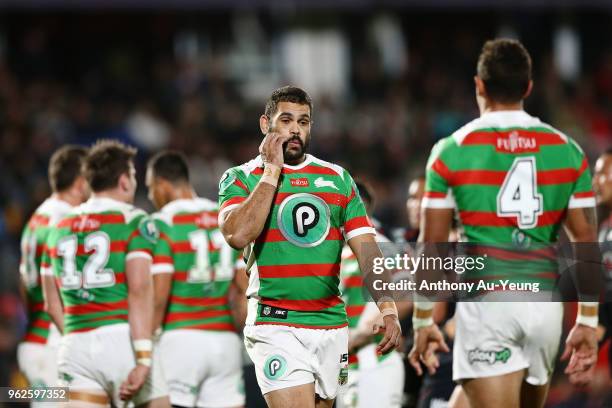 Greg Inglis of the Rabbitohs reacts during the round 12 NRL match between the New Zealand Warriors and the South Sydney Rabbitohs at Mt Smart Stadium...