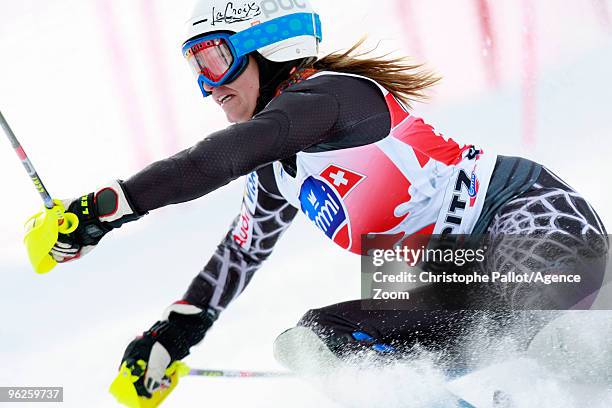 Julia Mancuso of the USA takes 14th place during the Audi FIS Alpine Ski World Cup Women's Super Combined on January 29, 2010 in St. Moritz,...