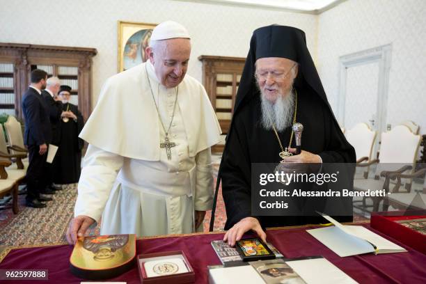 Pope Francis meets with Archbishop of Constantinople and Ecumenical Patriarch, Bartholomew I on May 26, 2018 in Vatican City, Vatican.