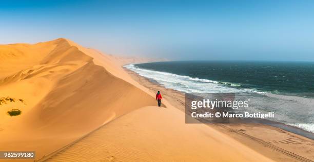 tourist admiring the ocean from the top of a sand dune - walvis bay stock-fotos und bilder