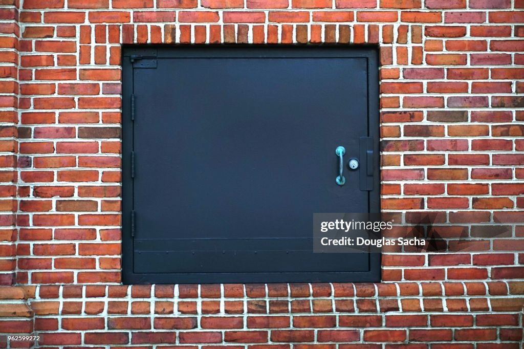 Closed access door for conveyor product loading on a brick building