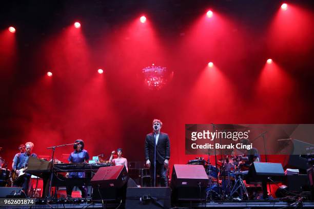 Al Doyle, Gavin Rayna Russom, Nancy Whang, James Murphy, Tyler Pope and Pat Mahoney of LCD Soundsystem perform on day 1 of All Points East Festival...