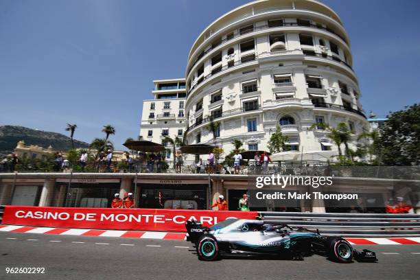 Valtteri Bottas driving the Mercedes AMG Petronas F1 Team Mercedes WO9 on track during final practice for the Monaco Formula One Grand Prix at...