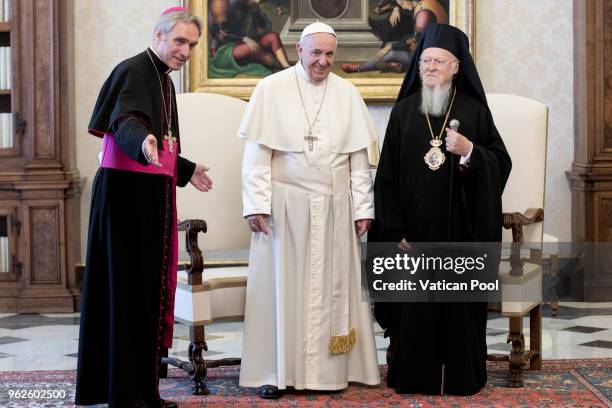 Pope Francis meets ecumenical Patriarch Bartholomew I of Constantinople during an audience at the Apostolic Palace on May 26, 2018 in Vatican City,...