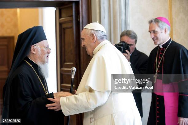 Pope Francis meets ecumenical Patriarch Bartholomew I of Constantinople during an audience at the Apostolic Palace on May 26, 2018 in Vatican City,...