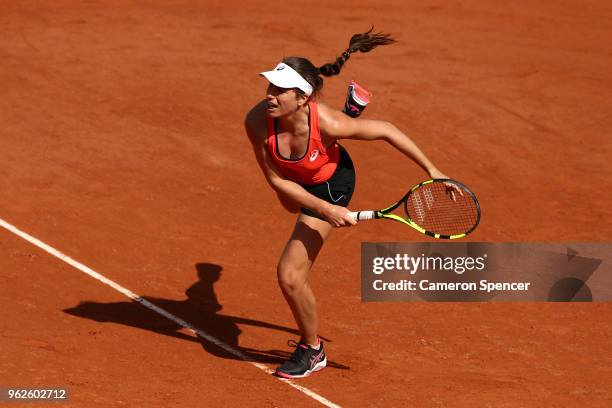 Johanna Konta of Great Britain serves during a practice session ahead of the French Open at Roland Garros on May 26, 2018 in Paris, France.