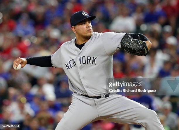 Dellin Betances of the New York Yankees pitches in the seventh inning against the Texas Rangers at Globe Life Park in Arlington on May 23, 2018 in...