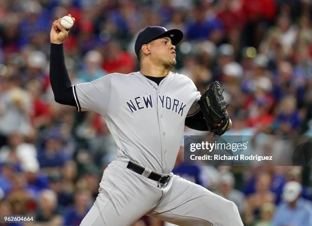 Dellin Betances of the New York Yankees pitches in the seventh inning against the Texas Rangers at Globe Life Park in Arlington on May 23, 2018 in...