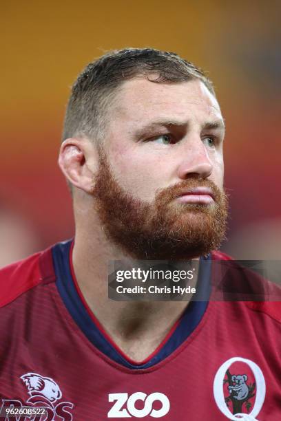 Scott Higginbotham of the Reds looks on during the round 15 Super Rugby match between the Reds and the Highlanders at Suncorp Stadium on May 26, 2018...