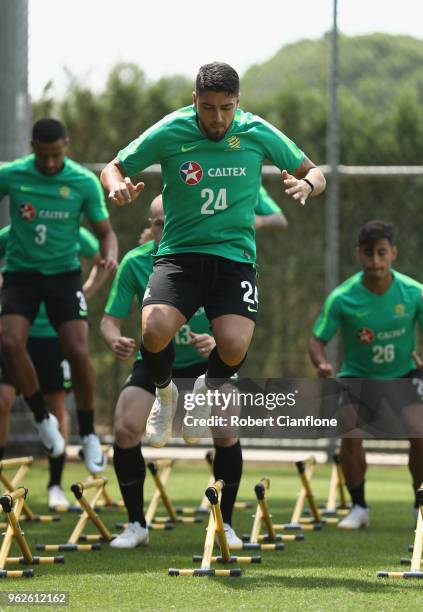 Dimitri Petratos of Australia jumps during the Australian Socceroos Training Session at the Gloria Football Club on May 26, 2018 in Antalya, Turkey.