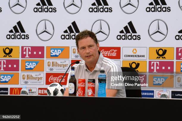Assistant coach Marcus Sorg of Germany attends a press conference during the Southern Tyrol Training Camp day four on May 26, 2018 in Eppan, Italy.