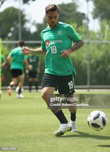 Josh Risdon of Australia controls the ball during the Australian Socceroos Training Session at the Gloria Football Club on May 26, 2018 in Antalya,...