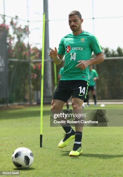 James Troisi of Australia controls the ball during the Australian Socceroos Training Session at the Gloria Football Club on May 26, 2018 in Antalya,...