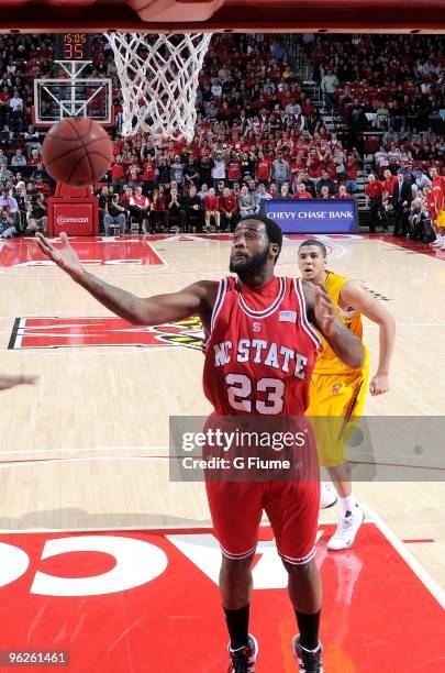 Tracy Smith of the North Carolina State Wolfpack grabs a rebound against the Maryland Terrapins at the Comcast Center on January 23, 2010 in College...