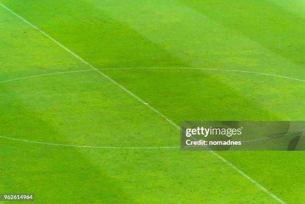 empty soccer fields,green grass turf. - halogeenlamp stockfoto's en -beelden