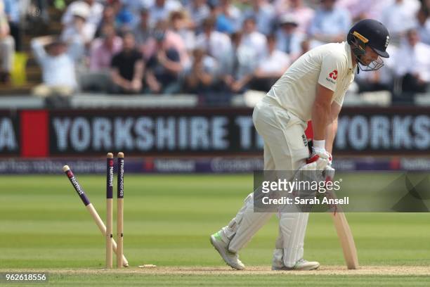 Mark Stoneman of England freezes for a few moments after being bowled on day 3 of the First NatWest Test match between England and Pakistan at Lord's...