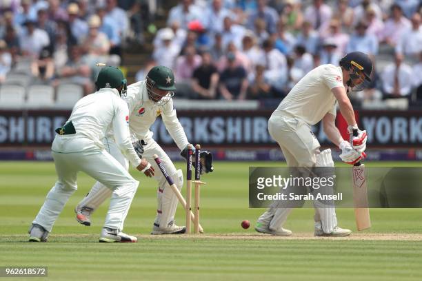 Mark Stoneman of England is bowled on day 3 of the First NatWest Test match between England and Pakistan at Lord's Cricket Ground on May 26, 2018 in...