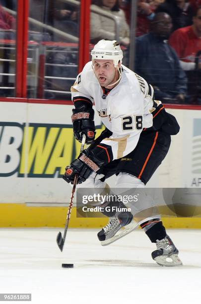 Kyle Chipchura of the Anaheim Ducks handles the puck against the Washington Capitals on January 27, 2010 at the Verizon Center in Washington DC.