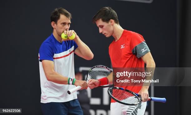 Joe Salisbury of Great Britain and Frederik Nielsen of Denmark in action in their Semi Final match against Robert Galloway and Nathaniel Lammons of...