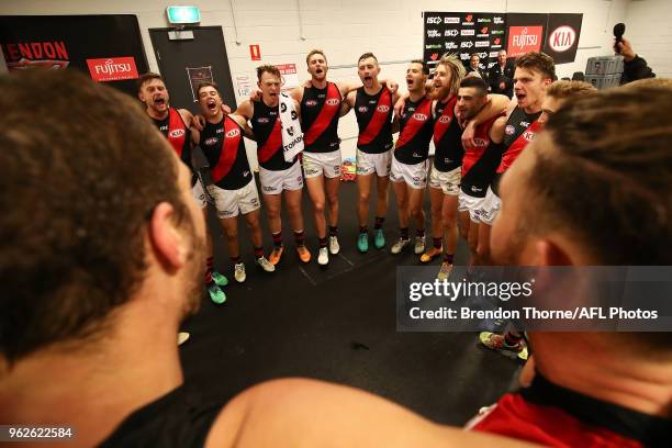 Bombers players celebrate during the round 10 AFL match between the Greater Western Sydney Giants and the Essendon Bombers at Spotless Stadium on May...