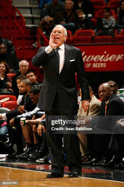 Head coach Larry Brown of the Charlotte Bobcats shouts from the sideline during the game against the Miami Heat on January 2, 2010 at American...