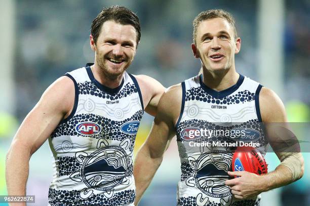 Patrick Dangerfield of the Cats and Joel Selwood of the Cats celebrate the win during the round 10 AFL match between the Geelong Cats and the Carlton...