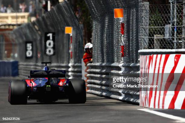 Brendon Hartley of New Zealand driving the Scuderia Toro Rosso STR13 Honda on track during final practice for the Monaco Formula One Grand Prix at...