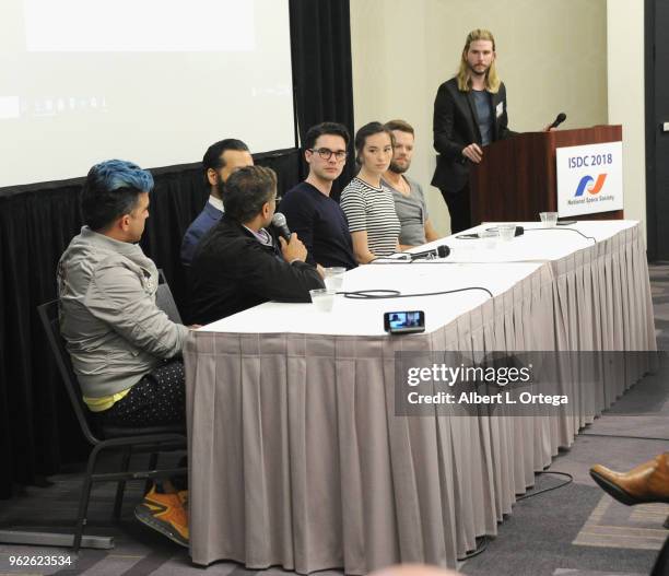 Panelists Bobak Ferdowsi, Naren Shankar, Cas Anvar, Steven Strait, Cara Gee and Kyle Hill attend the Science Of "The Expanse" Panel held at Sheraton...