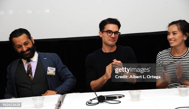 Actors Cas Anvar, Steven Strait and Cara Gee attend the Science Of "The Expanse" Panel held at Sheraton Gateway Hotel on May 25, 2018 in Los Angeles,...