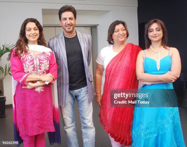 Juhi Chawla, Gurdas Maan and Divya Dutta during a press conference for the Punjabi film Sukhmani- Hope For Lige in Mumbai on Thursday, January 28,...