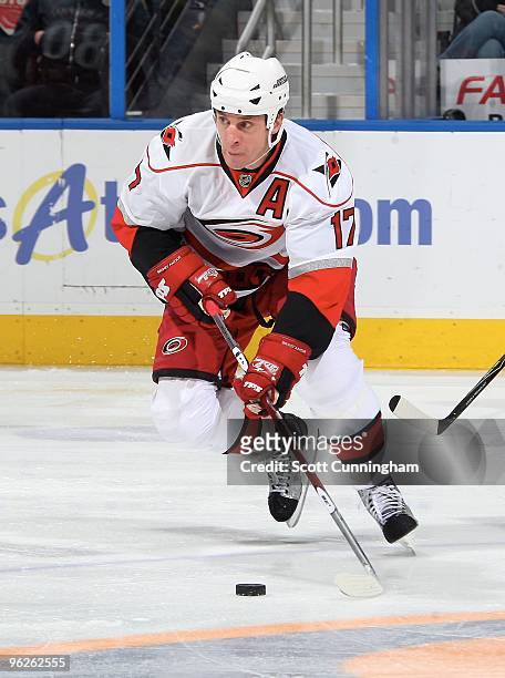 Rod Brind'Amour of the Carolina Hurricanes carries the puck against the Atlanta Thrashers at Philips Arena on January 21, 2010 in Atlanta, Georgia.